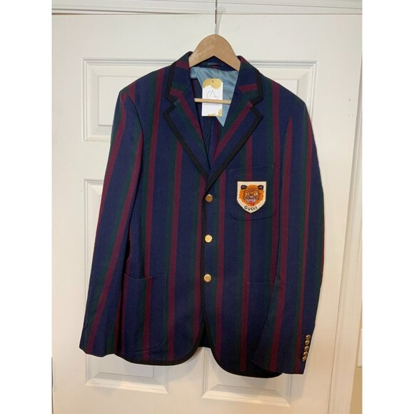 Gucci Mens Blue Green Burgundy Striped Tiger Patch Blazer Jacket $2900, Size 48 - Picture 2 of 8